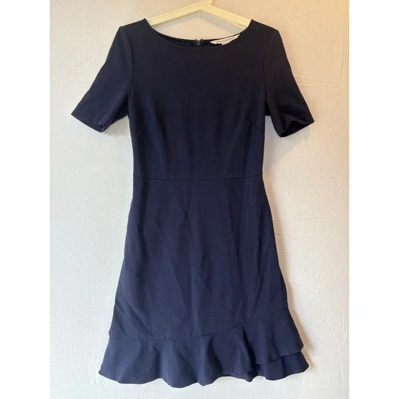 Diane von Furstenberg Navy Blue Ruffle Hem Short Sleeve Sheath Dress Size 4 - Picture 2 of 10